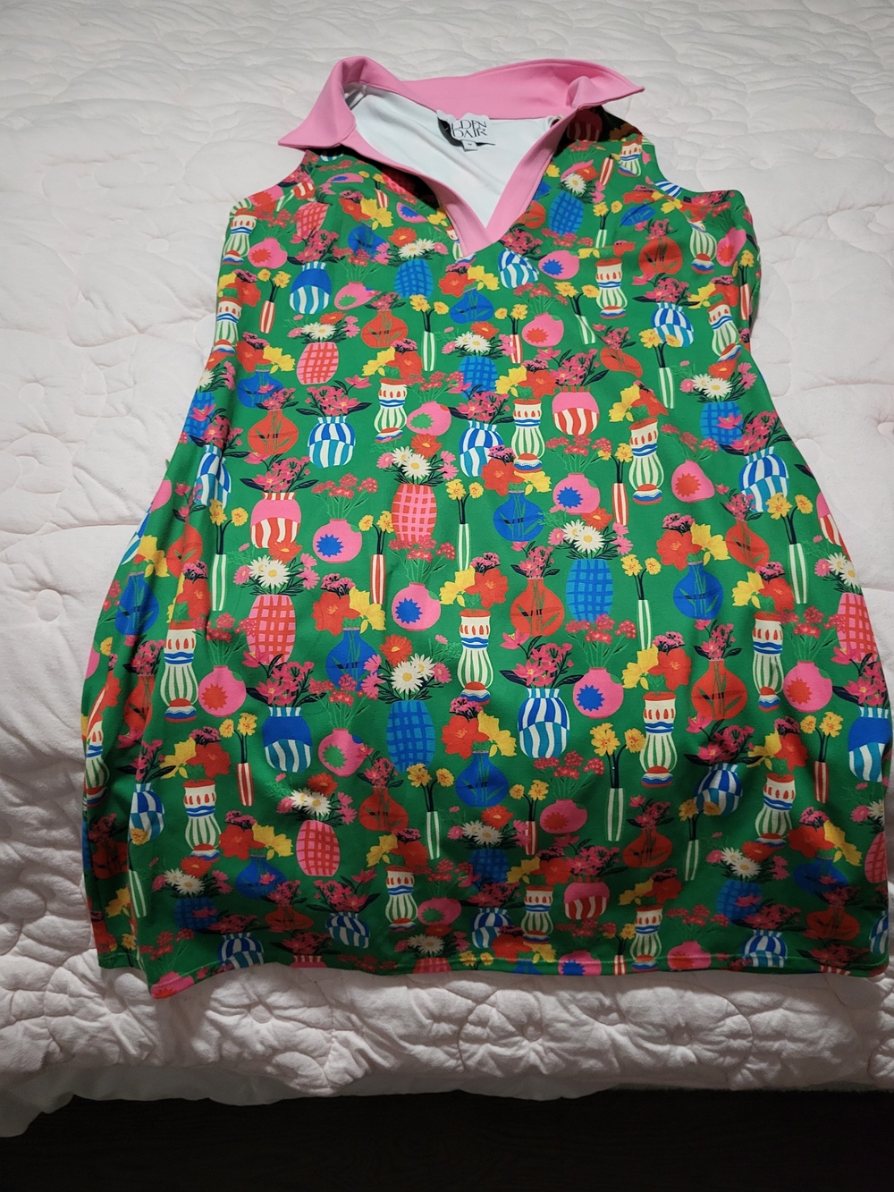 Alden Adair Vibrant Green Floral Sleeveless Dress with Pink Collar